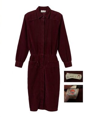 Vintage 80s Scarlett Burgundy Corduroy MidiDress ILGWU Made in USA Dark Academia